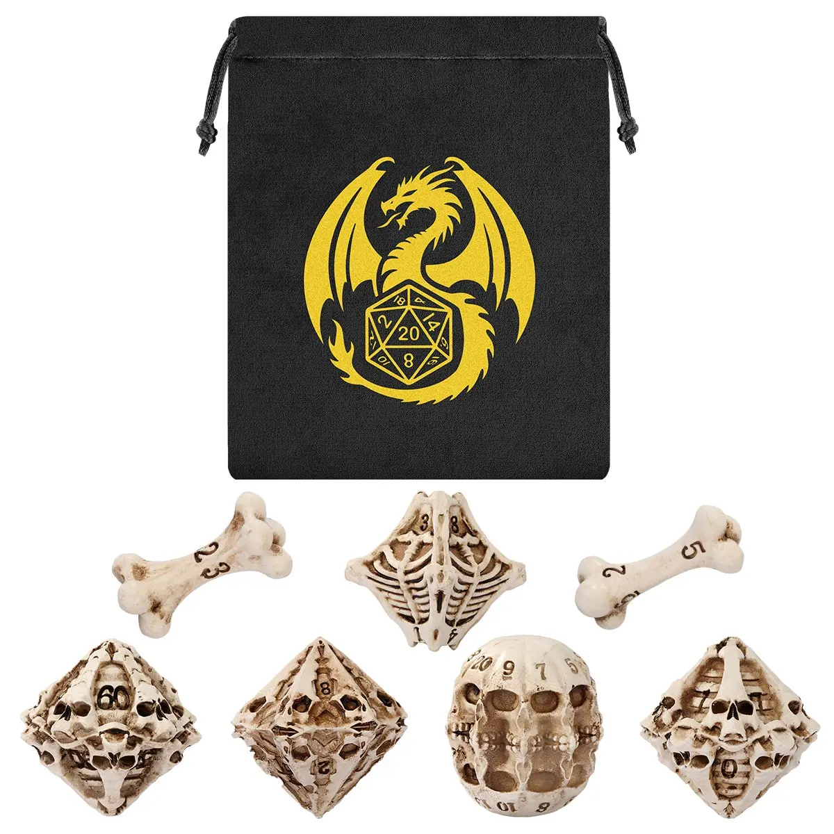 7 Pcs White Skull Resin Dice Set, Creative Polyhedral Game Dice, Rpg Tabletop Gaming Accessories, Portable Dice with Storage Bag for Indoor Entertainment Board Game