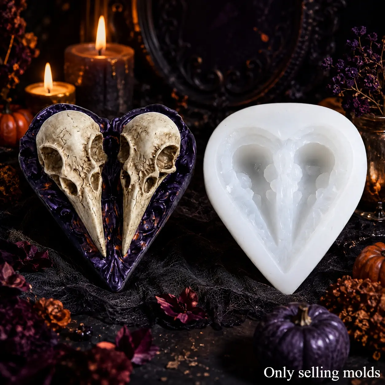 Heart-Shaped Double Raven Skull Silicone Resin Mold, Resin Casting Molds, Suitable for DIY Resin Crafts, Decor Pendants, Jewelry Casting, Keychains, Wax, Plaster, Clay. Ideal for Halloween Dark Decor and Gothic-Style Gifting