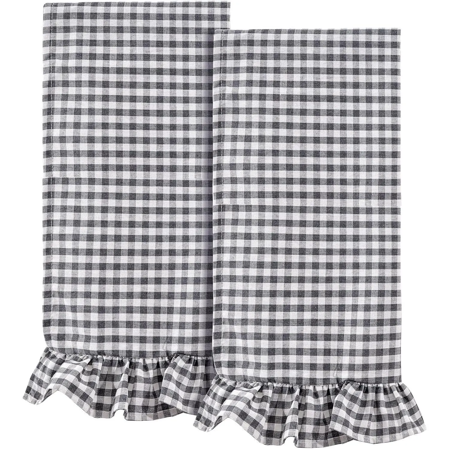 2 PCS Ruffled Gingham Dish Towels, Grey and White Checkered Kitchen Hand Towels, 26"x 18", Cotton Farmhouse Tea Towels with Ruffles for Cooking, Baking, Housewarming, Home Decor, Absorbent Cloth