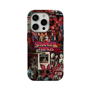 Stranger Things collage pattern phone case, compatible with iPhone 12, 13, 14, 15, 16, and 17. Slim, scratch-resistant, high-quality glossy hard case, perfect gift choice.