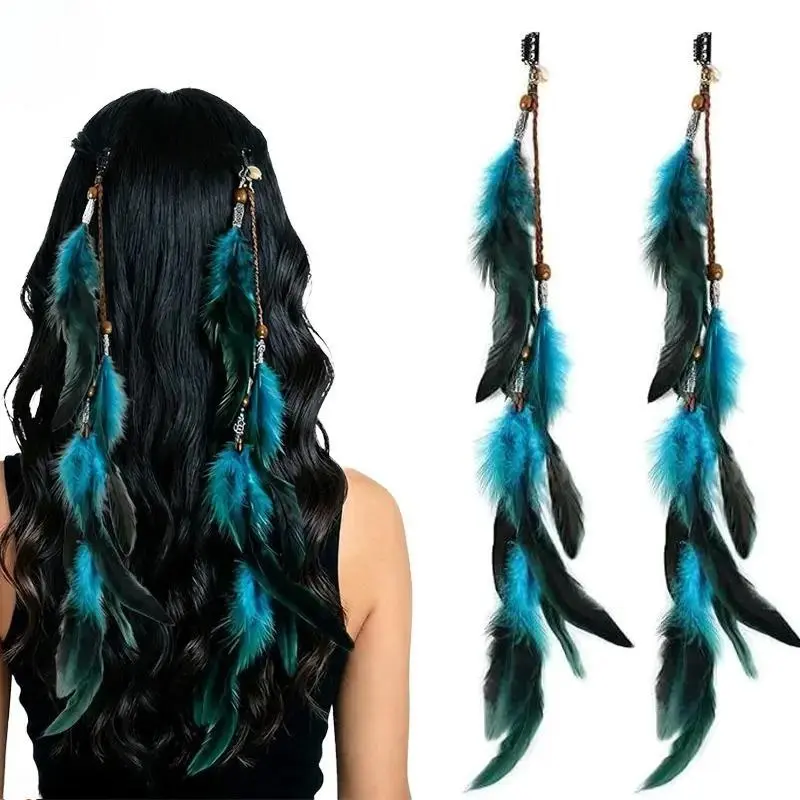 2-Piece Bohemian Natural Feather Hair Clip Set – Vintage Native American-style wooden bead and tassel snap clips with long dangling pendants; handmade, perfect for beach vacations, music festivals (including Coachella), and party looks.