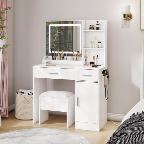 [Bellemave]Lavin Makeup Vanity Set, Vanity Desk with Stool, LED Light Mirror and Charging Station, Pink On-Site