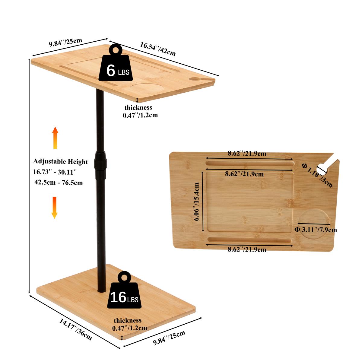 Bamboo C-Shaped Couch Tray Table, Height Adjustable Side Table with Slots & Storage Shelf, 2-Tier Sofa End Table for Living Room Bedroom