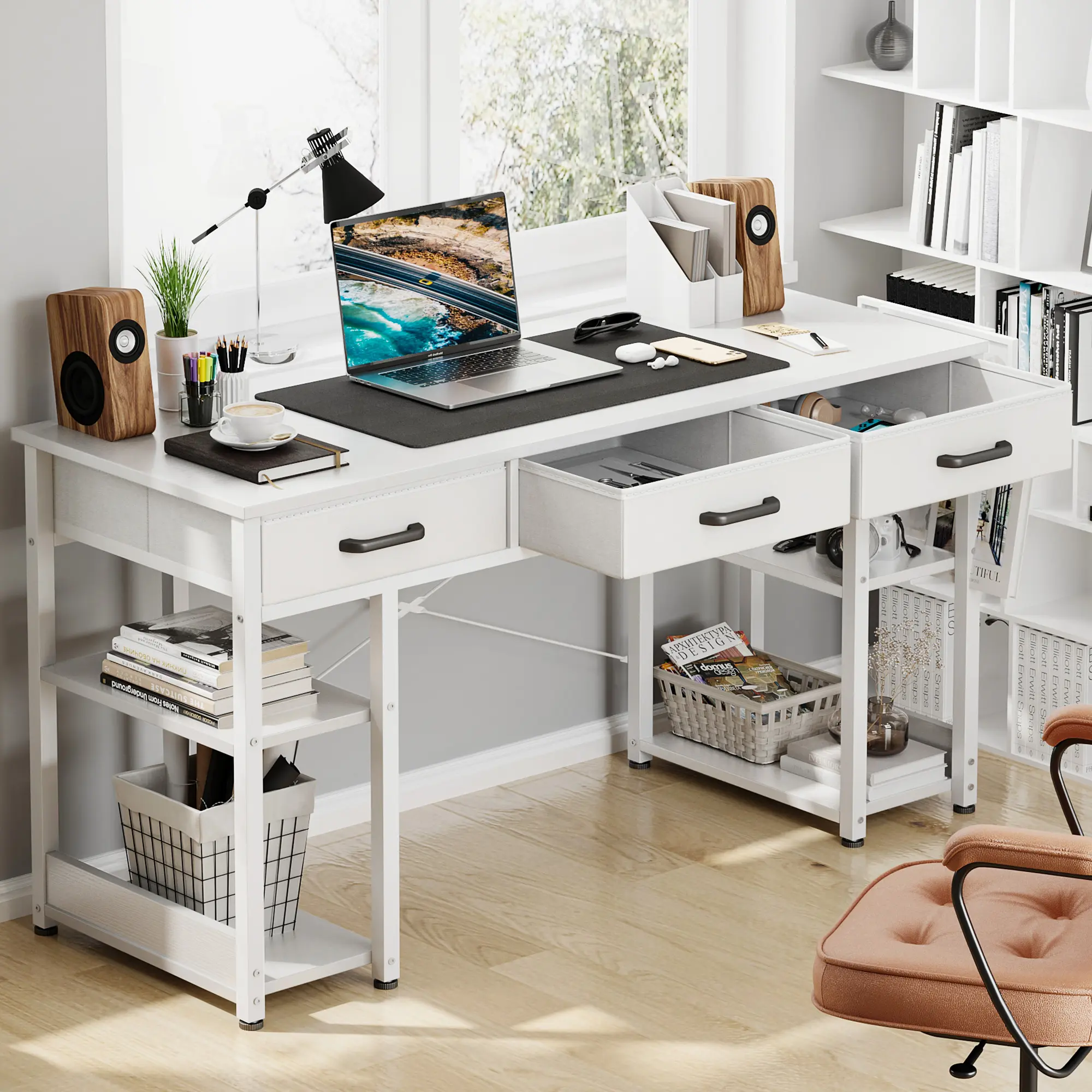 AODK 48" Rectangular Wood-Metal Small Computer Desk with Fabric Drawers & Storage Shelves, Modern Home Office Writing Table, White, Rectangle