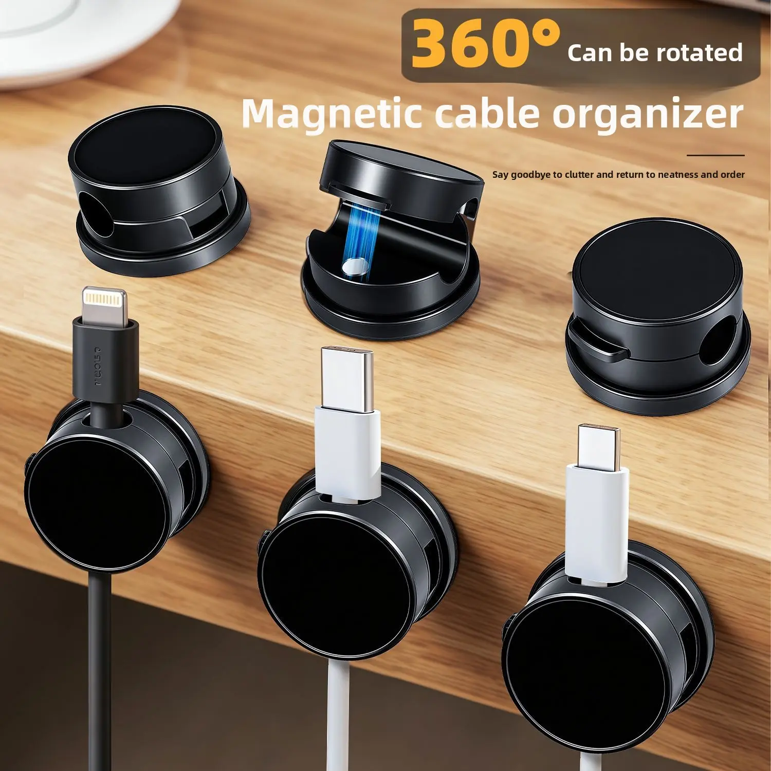 3 Pack Magnetic Cable Clip Rotatable cable organizer for desktop data cable storage and organization, magnetic cable holder for mobile phone charging cables