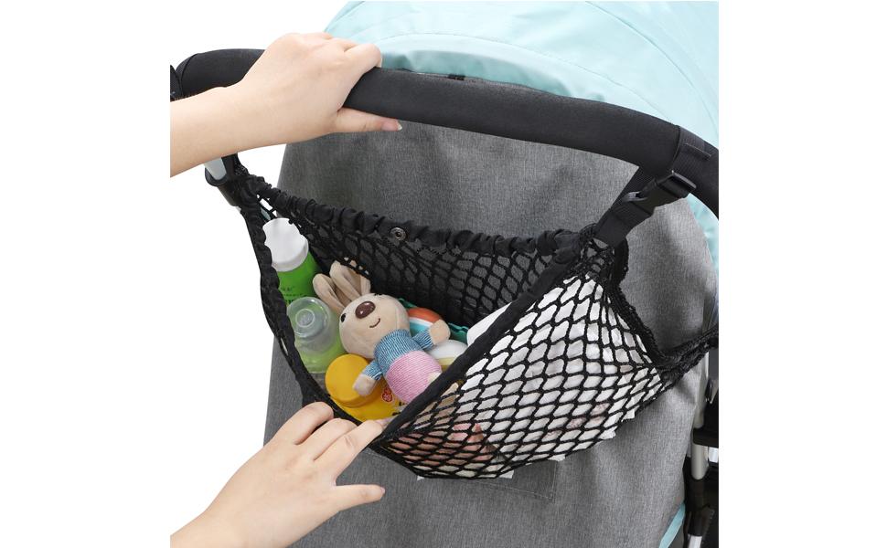 Universal Stroller Organizer, Polyester Net Mesh Bag Fits for Uppababy, Nuna, Britax, Doona Strollers, Non-Slip Adjustable Stroller Mesh Cargo Net Storage Caddy Accessories