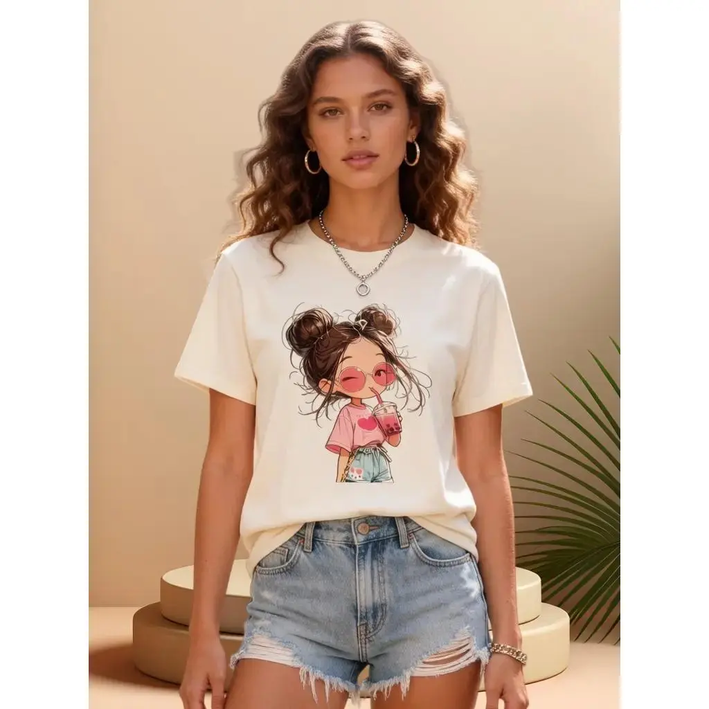 Short-Sleeve Round Neck Pastel Pink Bubble Tea Graphic Cotton T-Shirt - Oversized Kawaii Aesthetic Sports Top, Trendy Casual All-Size Sportswear, Tshirt