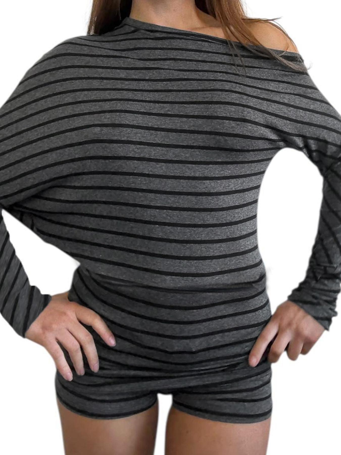 Striped Off-Shoulder Asymmetrical Two-Piece Set, Casual Comfortable Loose Long Sleeve Top + Adjustable Drawstring Waist Shorts