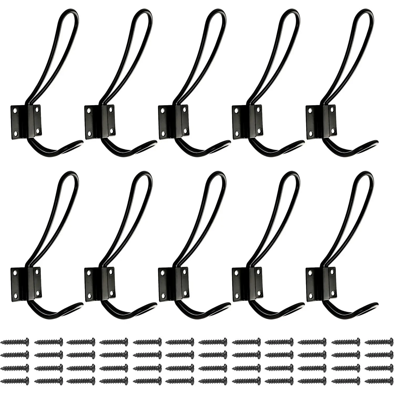 Rustic Entryway Hooks | 10 Pack of Black Wall Mounted Vintage Double Coat Hangers with Large Metal Screws Included