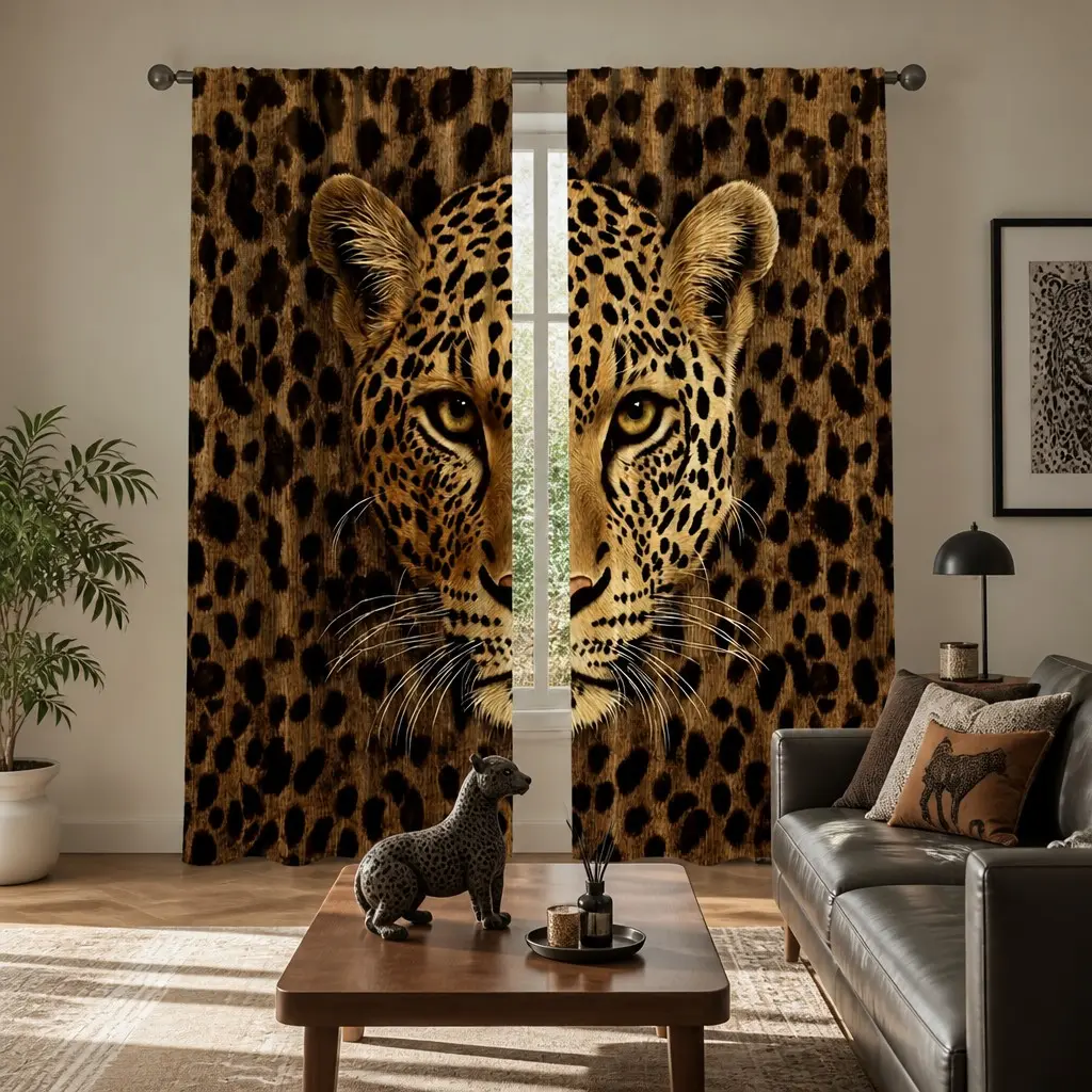 2D Plane Print Curtains, 2-Pack Leopard Pattern Semi-Sheer Polyester, Creative Home & Office Decor, Ideal for Living Room & Workspace