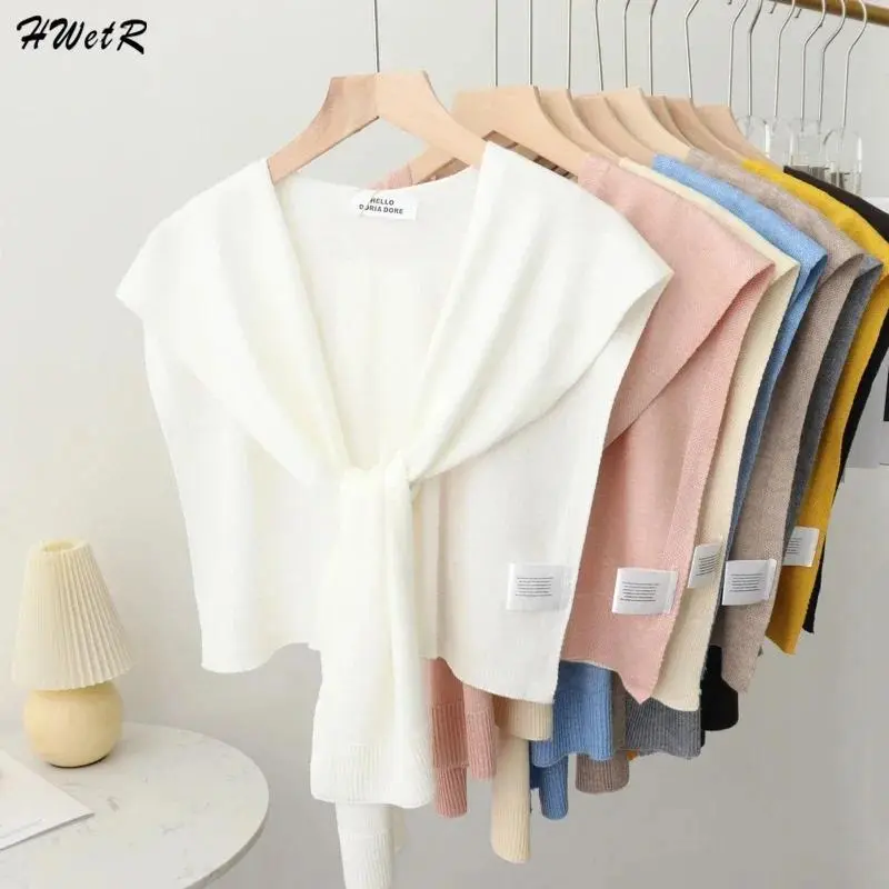 For Women Korean Knitted Shawl Summer Air Conditioning Fake Collar Neck Guard Knit Thin Knotted Cape Shoulder Scarf