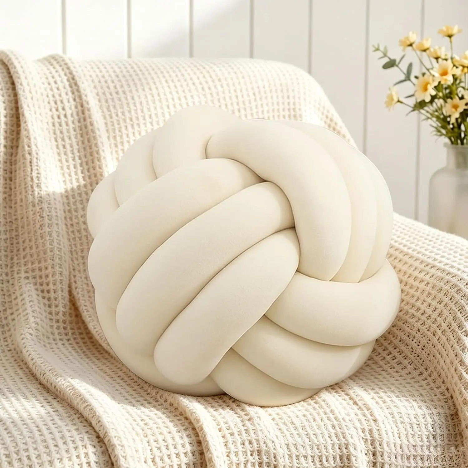 Knot Pillow Ball, Soft Plush Decorative Throw Pillow, Handmade Round Knotted Cushion for Sofa, Couch & Bedroom, Cute Home Decor Pillow (7.87 Inches, Ivory)