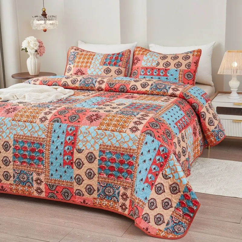 Boho Patchwork Quilted Bedspread Set, Ethnic Style Polyester Bedding Suite, Vintage Bedroom Decor, All-Season Home Furnishing