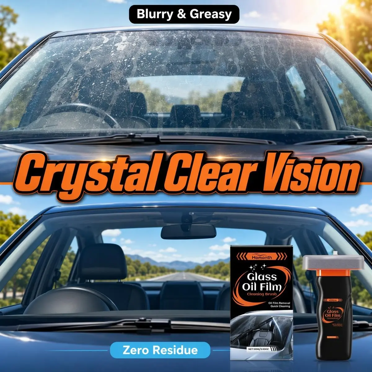 One-Piece Car Glass Oil Film Cleaner Brush, Front Windshield Window Stain Remover, Home Use Car Window Cleaning Tool, 100g, Clear Vision Windshield Cleaner