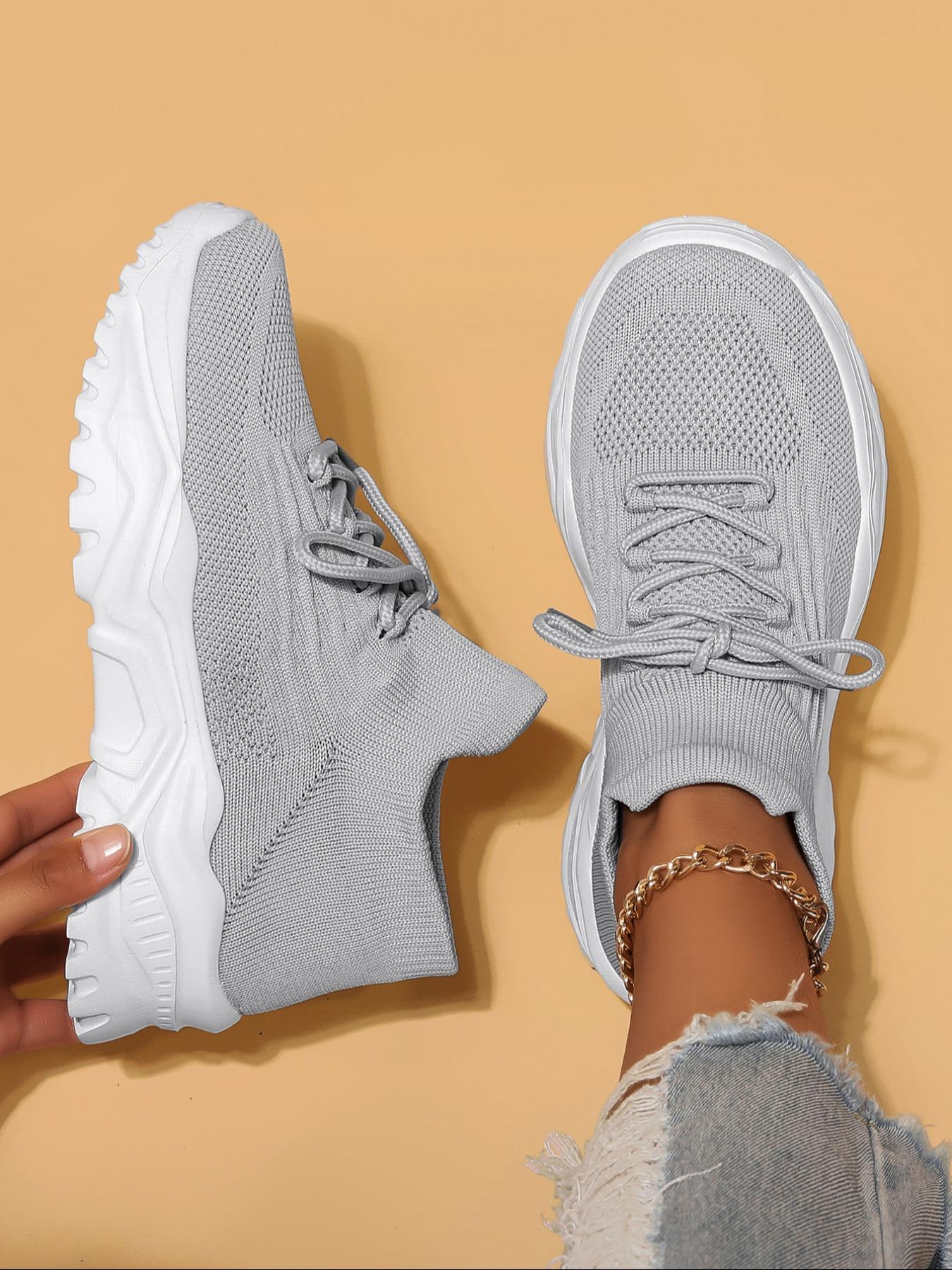 Women's Fashion Sportive Plain Color Lace Up Sneakers, Casual Comfortable Sports Low Top, Trendy Mesh Breathable Shoes for Daily Life, Breathable Walking Sneakers, Thick Sole Sneakers