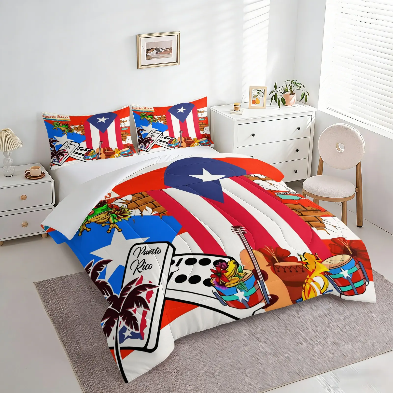 2/3Pcs Puerto Rico Cultural Theme Flag Comforter Set Soft Microfiber Domino Guitar Drum Coqui Frog Hibiscus Palm Print Bedding Puerto Rican Heritage Warm Bed Set For Tropical Island Bedroom All Season Use Floral Bedding Set
