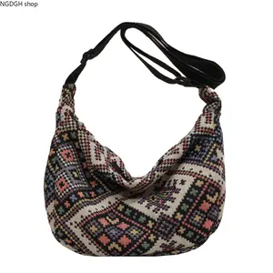 Boho Woven Crescent Bag Geometric Tapestry Crossbody - Vintage Style Multi Color Pattern Slouchy Hobo with Long Strap, Cute Lightweight Breathable Design for Beach Day Shopping & Summer City Adventures