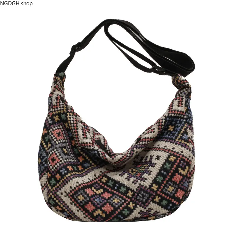 Boho Woven Tapestry Hobo Bag with Geometric Pattern, Slouchy Summer Shoulder Purse, Crossbody Bags for Women, Casual Crossbody Bags