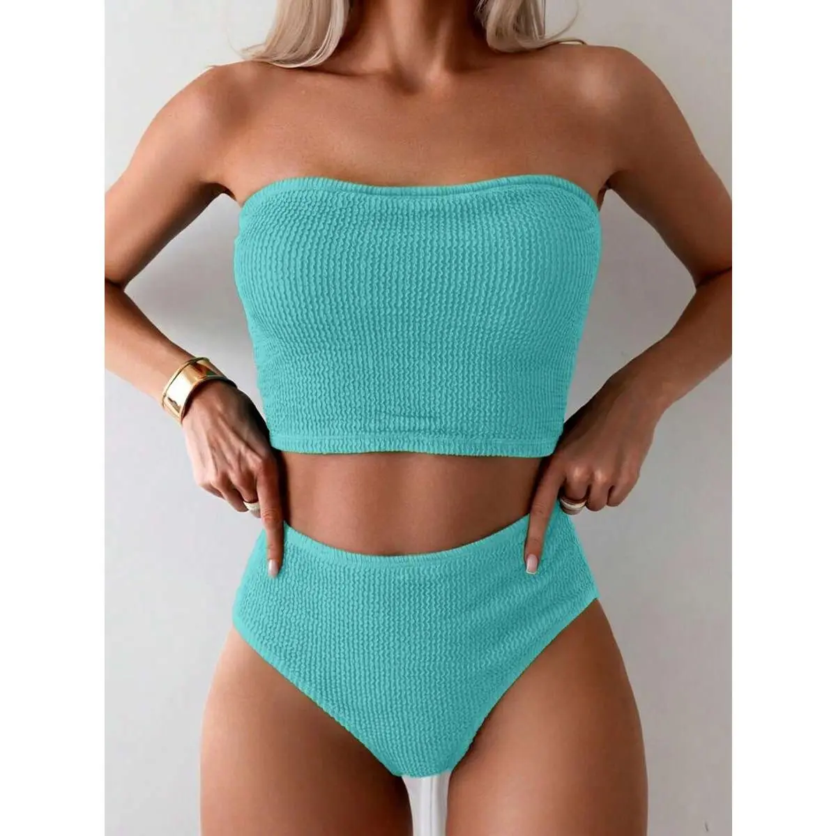 Women's Teal 2-Piece Bandeau Top and Bottom Bikini Set - Skull Print, Blouson Design, Tropical Style for Casual Beach Holidays, Top + Bottom
