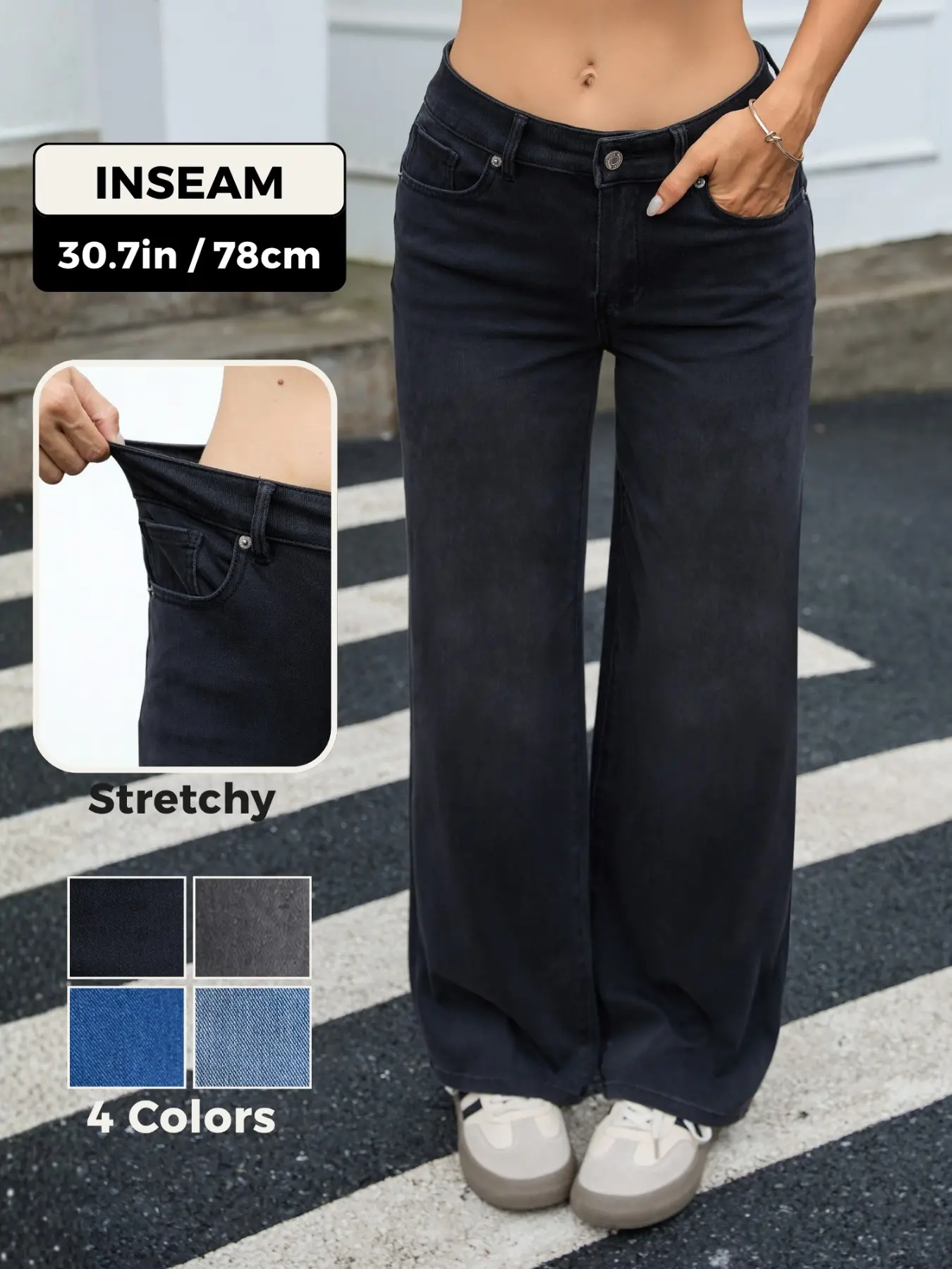 Wanduyini Women's Mid Rise Straight Leg Casual Jeans Stretch Button Wide Leg Loose Denim Pants with Pockets