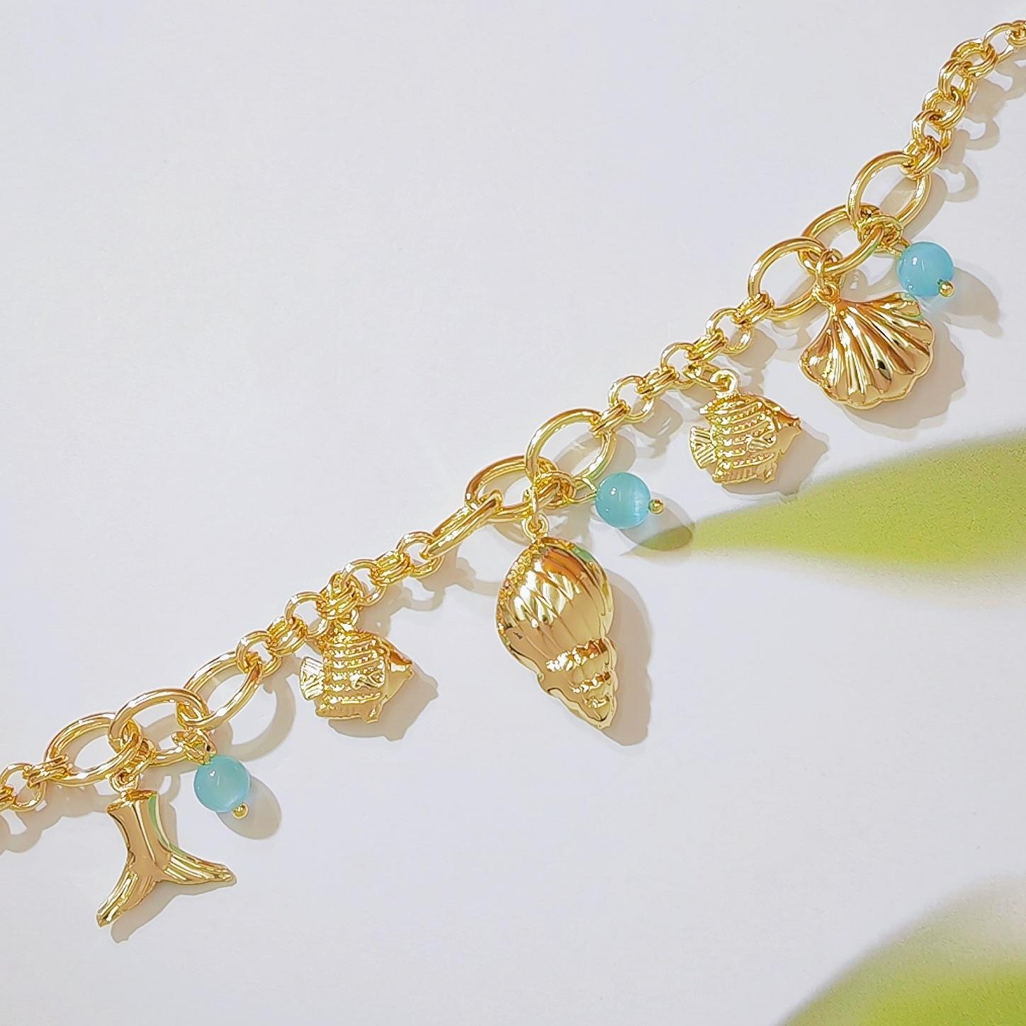 Ocean Inspired Shell Conch Mermaid Tail Bracelet, 18K Gold Plated with Blue Cat Eye Stone, Minimalist Unique Design, Trendy Summer Beach Jewelry for Women, Perfect for Daily Wear, Vacation & Beach Outfits