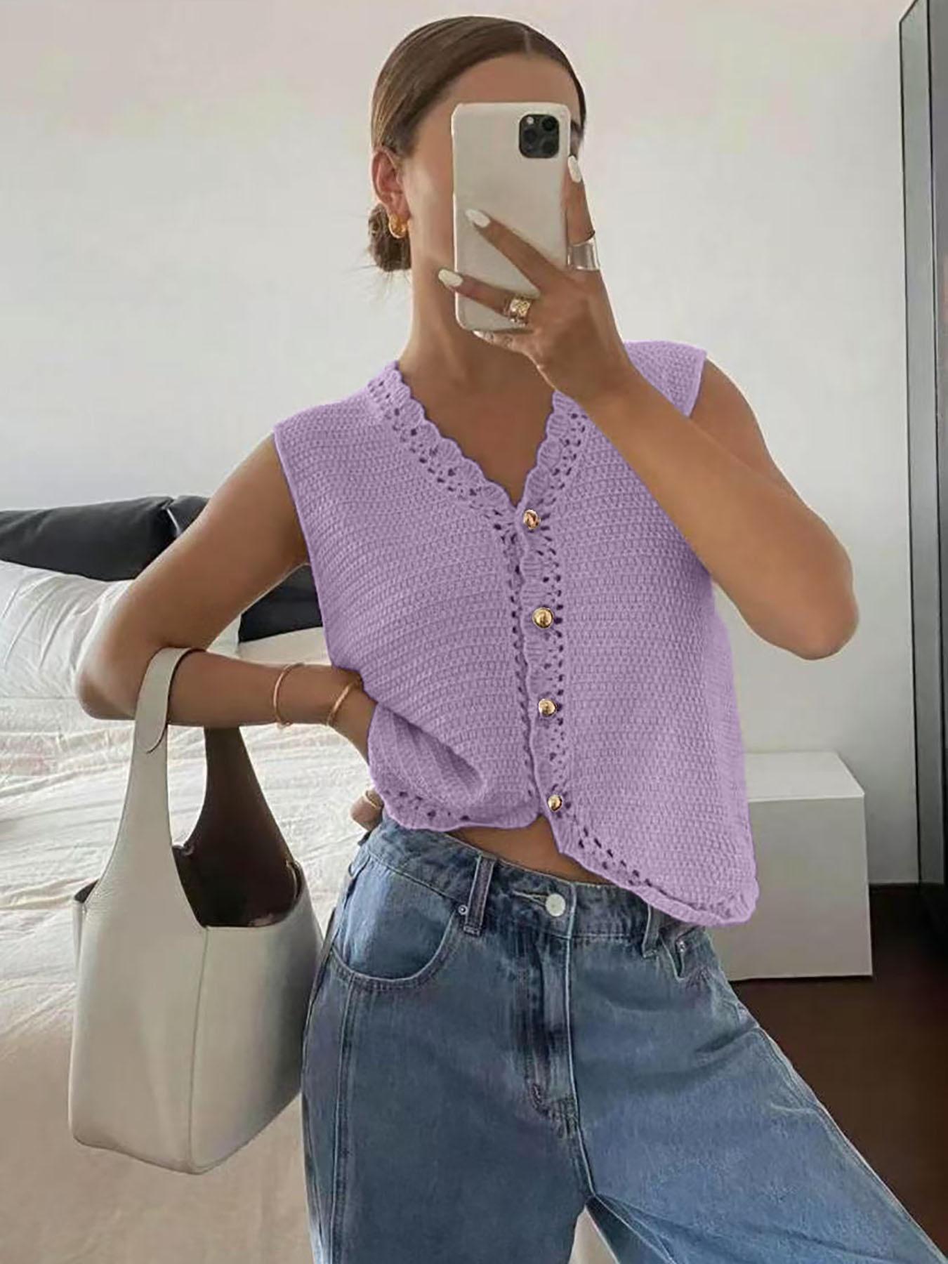 Women's Plain Button Front Cardigan, Casual Basic Fitted Crochet Knitted Cardigan for Summer, Fashion Women's Sleeveless Knitwear for Daily Wear, Vneck Womenswear, Knitted Tops