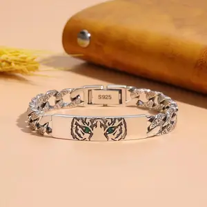 Tiger Head ID Bracelet Silver Plated Copper with Glowing Green CZ Eyes! Vintage Engraved Curb Chain for Bikers & Punks, The Ultimate Symbol of Courage & Power #mensjewelry #tigerbracelet