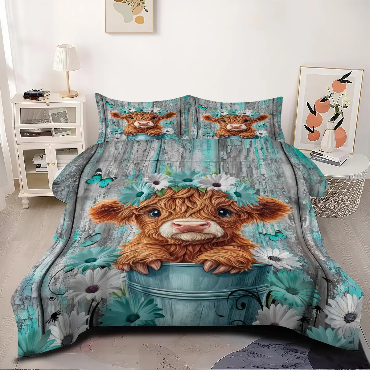 2/3pcs Cute Highland Cow Comforter Set, Floral Butterfly Bedding Set With Rustic Wood Background, Soft Microfiber Quilted Quilt, Farmhouse Style Bedroom Decor For Kids And Adults, Lightweight Bed Set, 1 Or 2 Pillowcase No Pillow Core