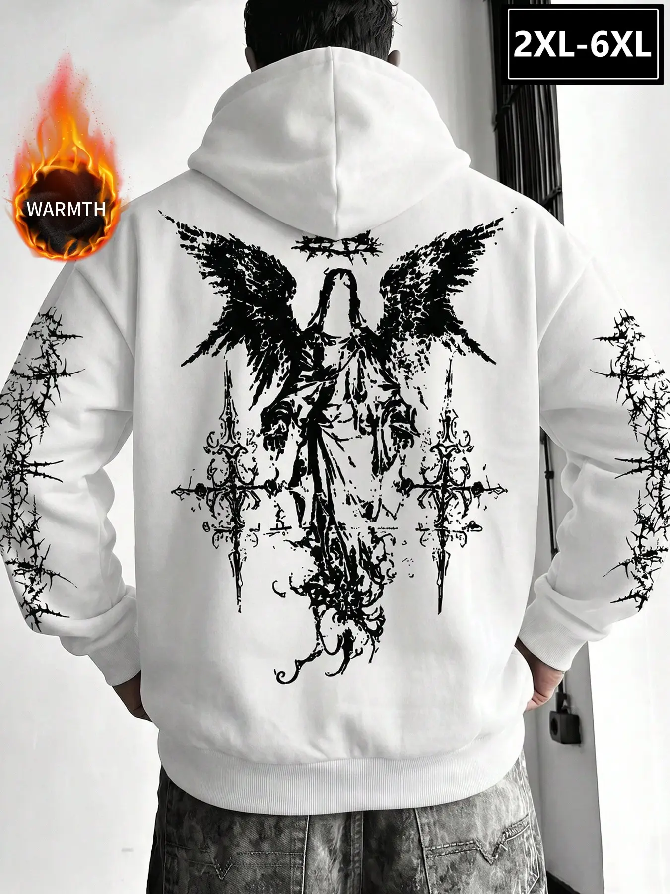Men's Plus Size Gothic Angel Thorns Graphic Print Long Sleeve Printed Hoodies 2xl-6xl, Loose Fitted Casual Sweatshirt, Fall Winter Streetwear, Durable & Versatile