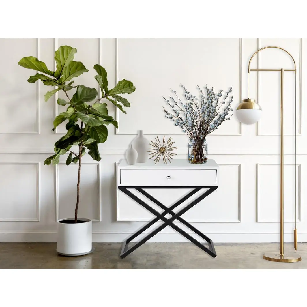 ARCH White Wooden Nightstand with Glass Top and Drawer, 23"W End Side Table for Bedroom, MDF Bedside Table with Metal Cross Base, Compact Accent Table for Living Room, Sturdy Storage Night Stand, White Color Options, MDF Material, Product Dimensions