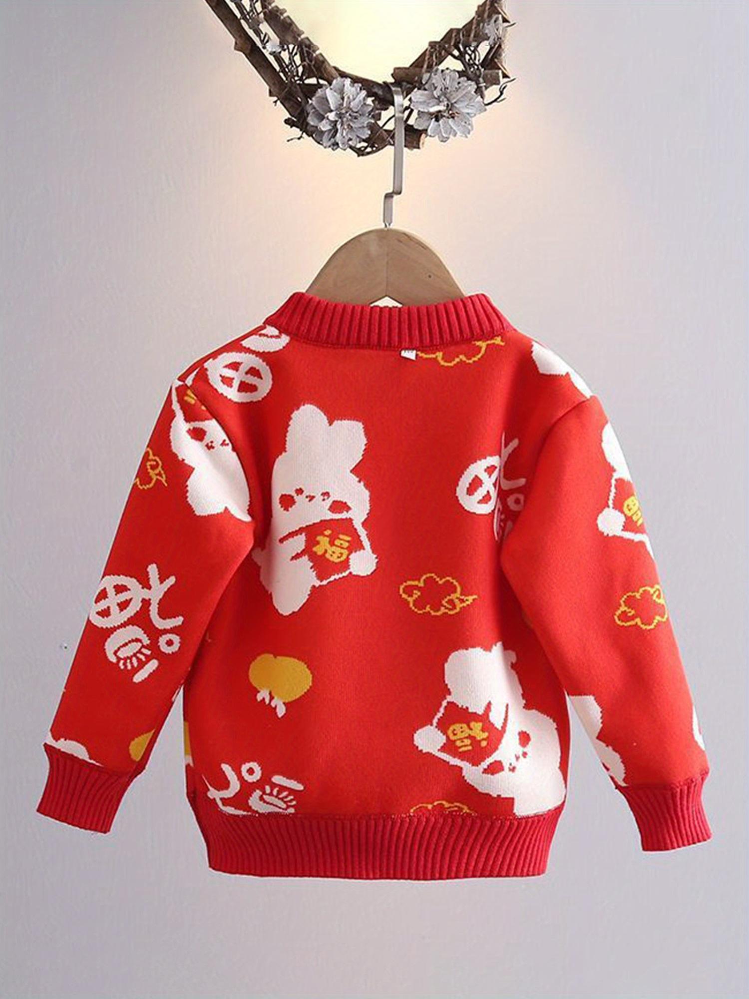Girls' Red Cartoon Character Pullover Sweater - Cozy Long Sleeve Crew Neck with White & Yellow Accents, Soft Rayon Blend, Loose Fit for Fall/Winter, Perfect for Outdoor Play & Casual Wear, Cute Sweaters
