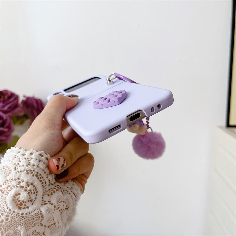 For Galaxy Z Flip6 Cartoon Bear Plush Heart Folding Case for Samsung Z Flip7 Zflip5 Z Flip 3 4 5 6 7 Slim Cover with Lanyard