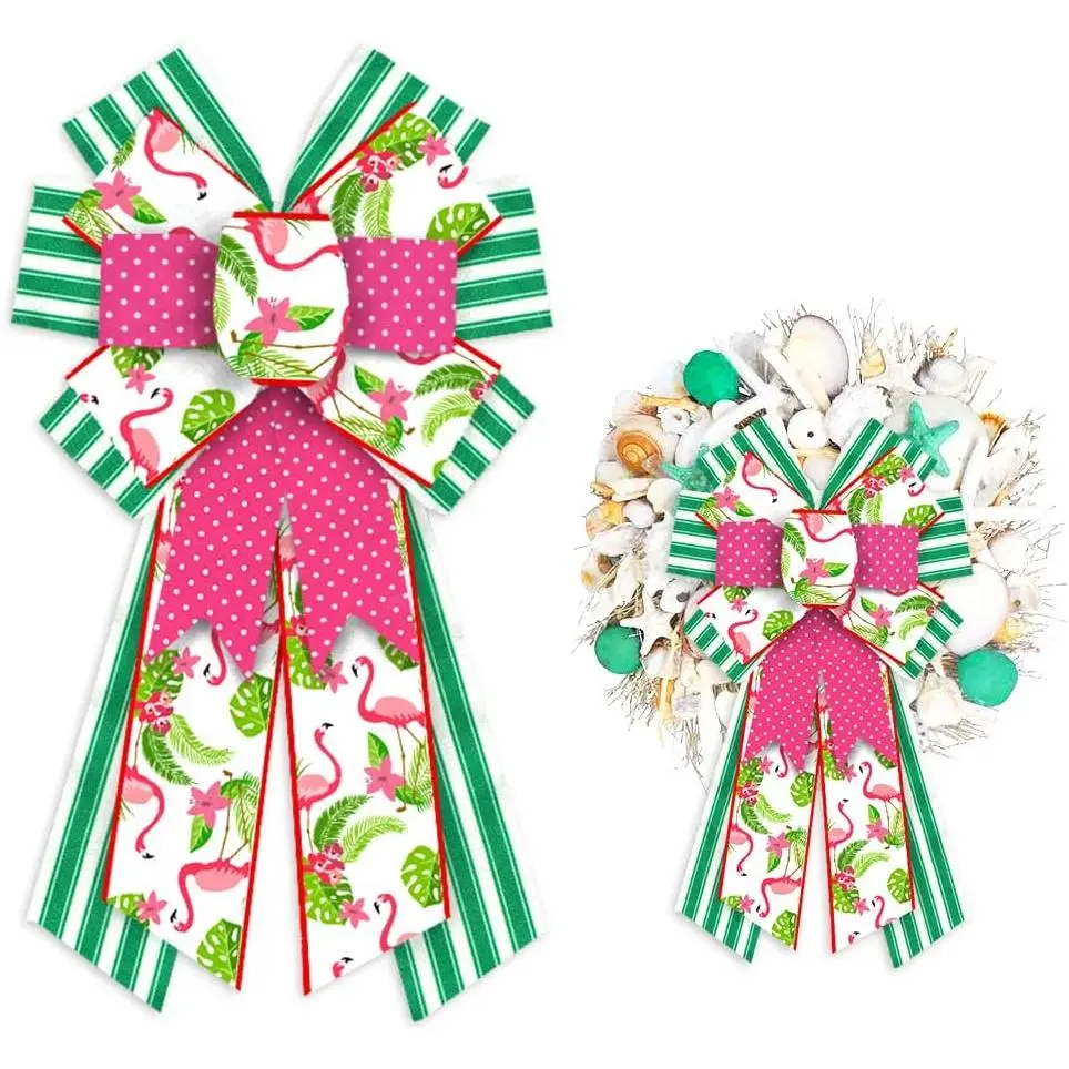 Large   Wreath Bows, Summer Green Stripe Bows for Wreath Hawaiian Tropical Burlap Bows for Front Door,  Dot Linen  Bows for Summer Party Indoor Outdoor Decorations
