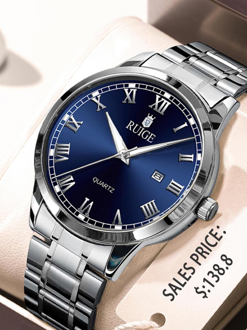Men's Business Fashion Round Dial Analog Quartz Watch, Stainless Steel Luminous Waterproof Quartz Watch, Classic Fashion Watch with Calendar, Trendy All-match & Exquisite Watch for Birthday Gift with Box, Stainless Steel Watches