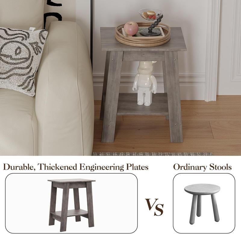 Farmhouse Rustic End Table with Storage Shelf, 2-Tier Narrow Accent Table for Living Room & Bedroom