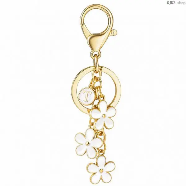 26 Letters Double Sided Enamel Flower Keychain, Two Color Floral Tassel Key Charm