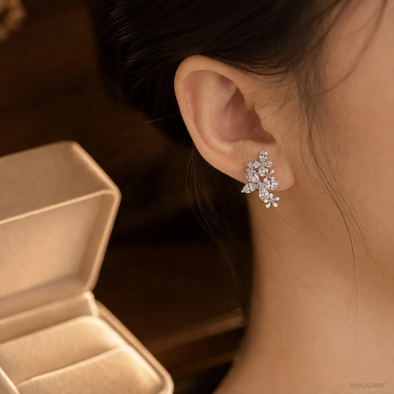 Flower Branch Stud Earrings S925 Silver Post, CZ Vine Ear Climber Chic Style FH0026280FF