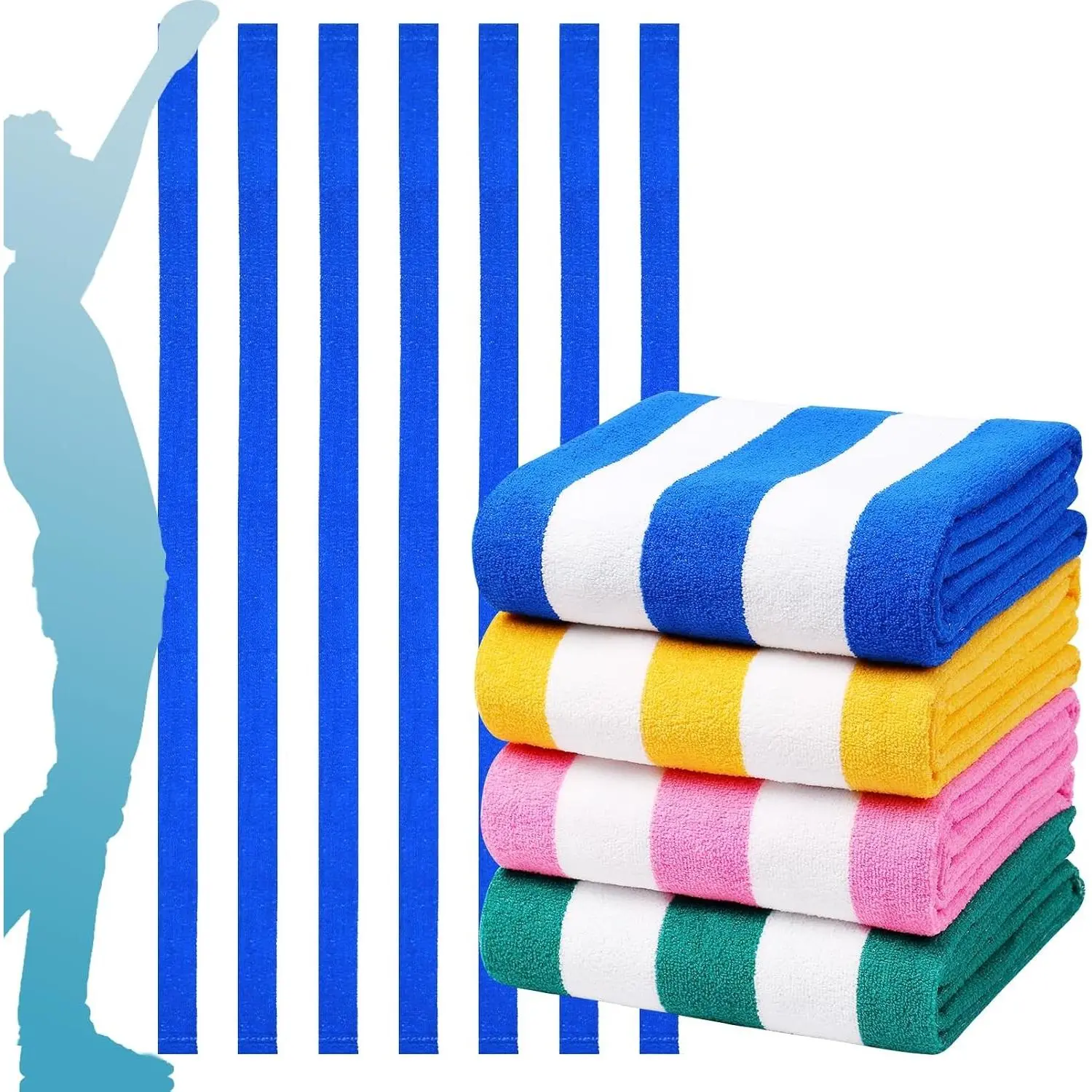 4-Pack Oversized Stripe Thin Terry Beach Towels (72x40 in) - Absorbent, Resistant Cover, Clearance Travel Essentials for Adults - Blue, Pink, Yellow, Green Gift Sets