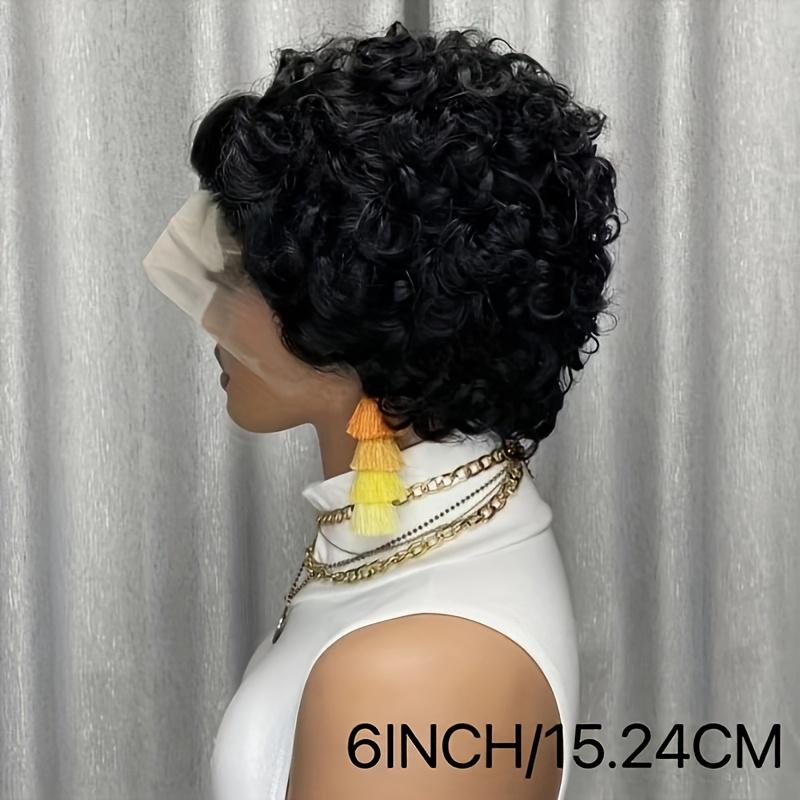 New Wholesale Hot Pixie Curly Human Hair Wig 13*1 Short Bob Wig with Curly Waves in Natural Color, 6 Inch Length, 150% Density. This Pixie Cut Wig Is Designed for Black Women And Features a Lace Front.