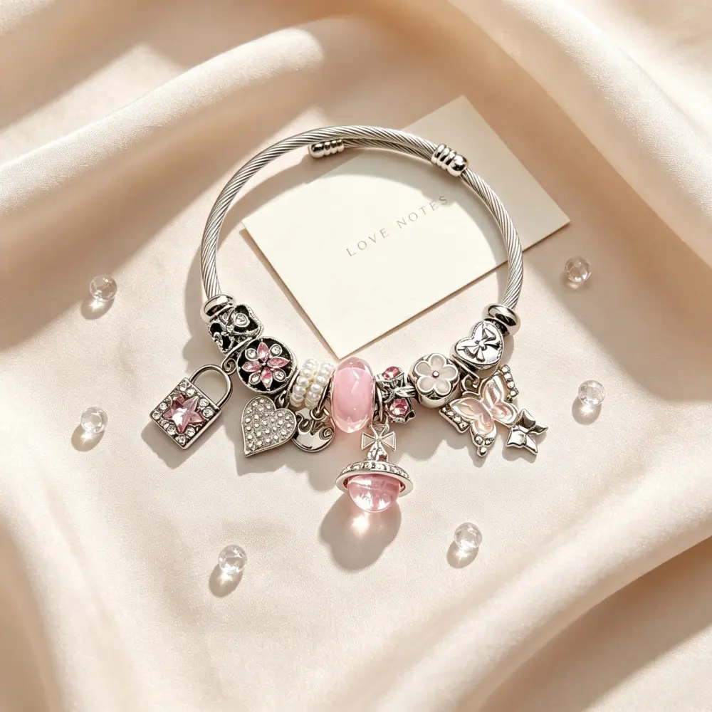 Pink Planet Saturn Charm Bracelet Twisted Cable Bangle Dangle Wristband Lock Heart Butterfly Flower Pendants Pink Crystal Pearl Beads Coquette Aesthetic Fashion Jewelry Gift For Women