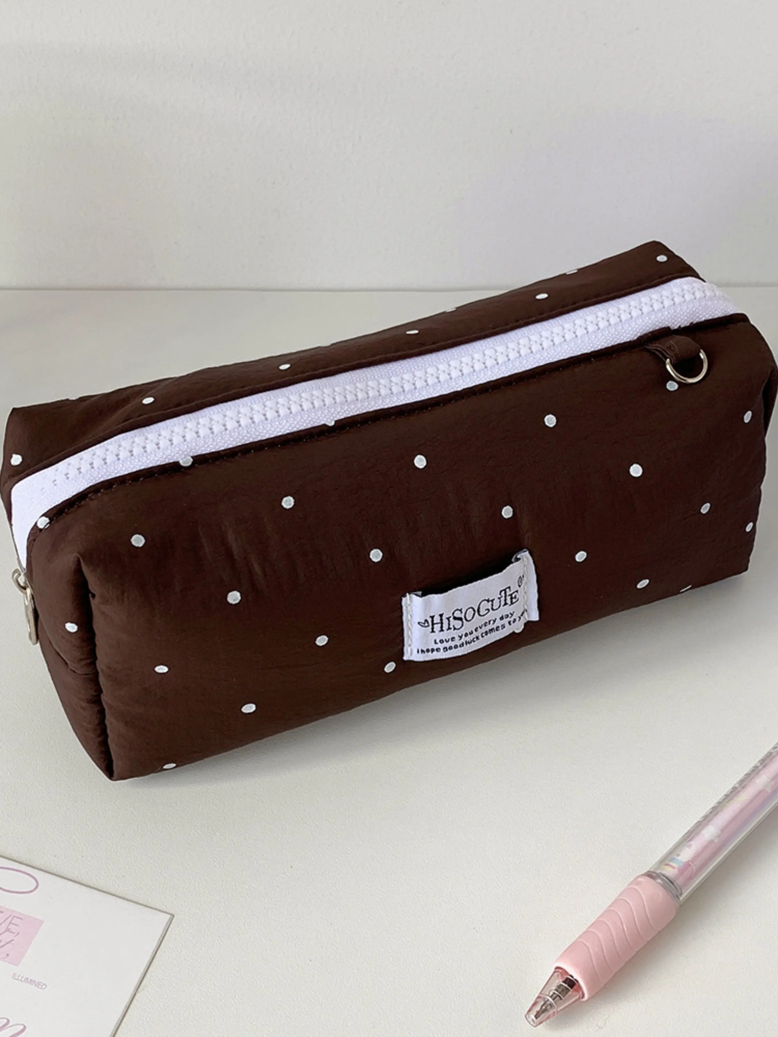 Korean Style Polka Dot Pencil Case, Cute Simple Portable Makeup Bag, Student Stationery Storage Bag, Washable Toiletry Bag