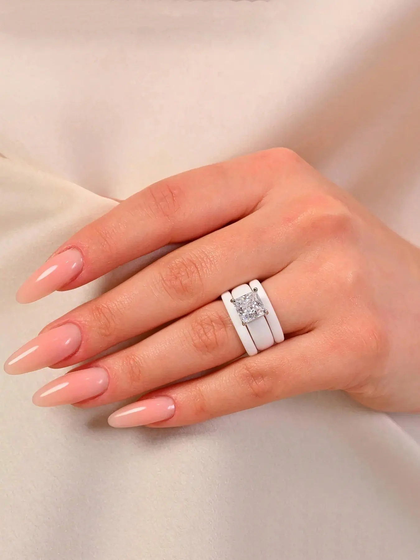 3-Piece Princess Square Cut Cubic Zirconia Silicone Ring Set, Elegant Everyday Ring, Women's Wide Band Single Stone Promise Rings, Wedding Engagement Jewelry Gift