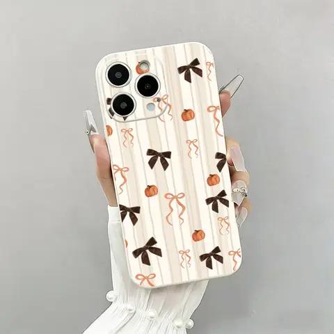 KKLLYY Pumpkin Bow & Stripe Eco-Friendly Silicone Cellphone Case - Warm Watercolor Pastoral Style, Shockproof Protective Casing for iPhone 11-18 Plus Pro Max, Autumn Holiday Gift Phone Accessory