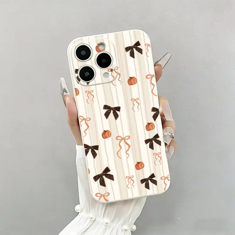 Pumpkin Bow Stripe Phone Case, Warm Watercolor Pastoral Style for iPhone 17 16 15 14 13 12 11 Plus Pro Max Autumn Holiday Gift