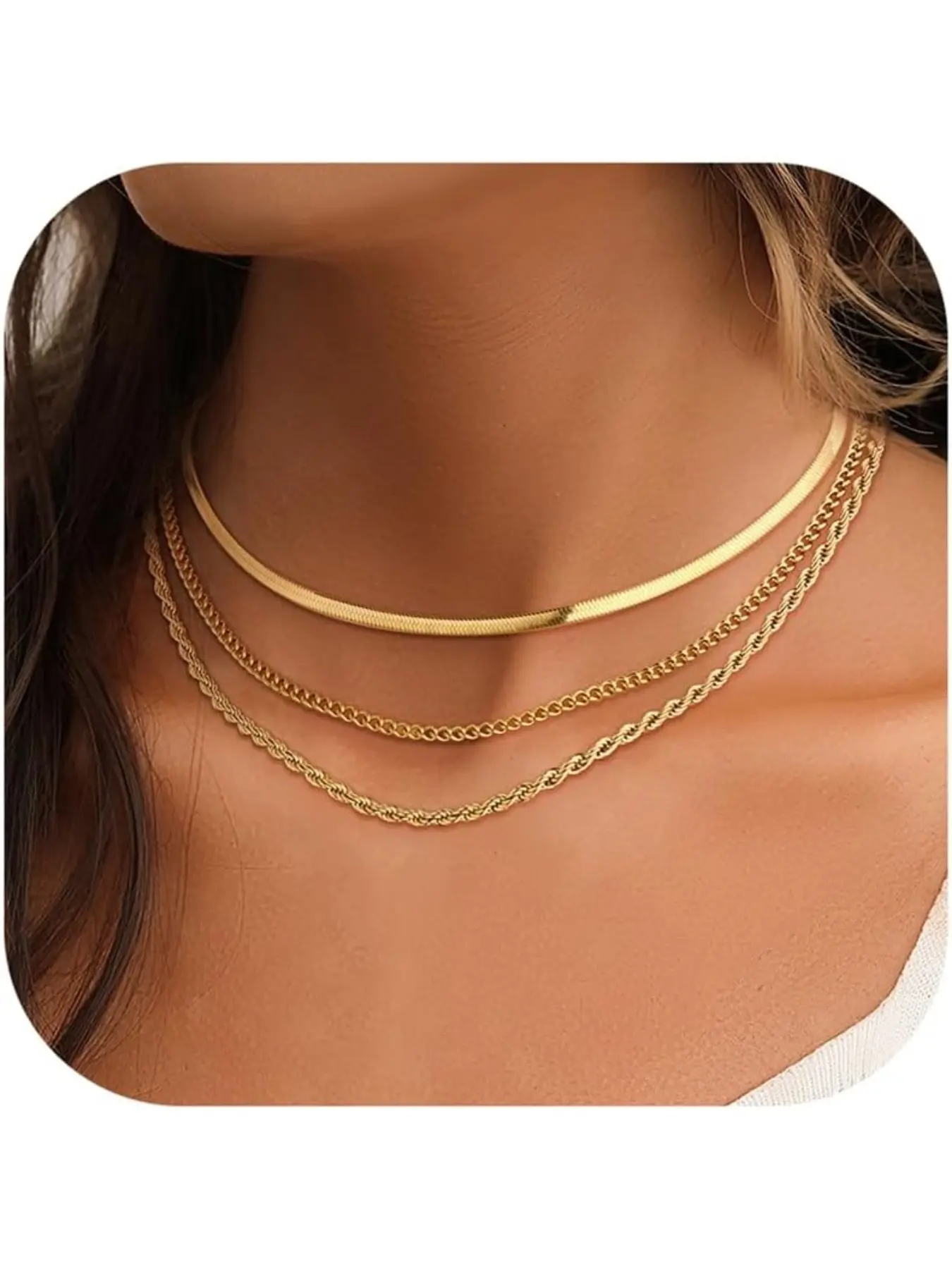 3pcs Necklaces for Women, Layered Necklace Set, Gold Plated Snake Necklace, Stainless Steel Herringbone Choker, Elegant Jewelry
