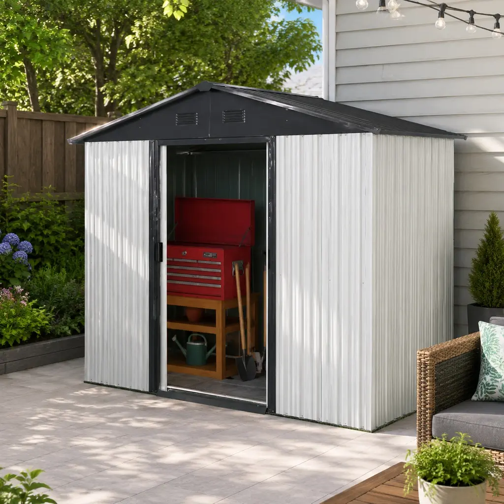 ARCH 8x4 FT Outdoor Galvanized Steel Storage Shed with Sliding Door, Lockable Home Supplies Kit Shelving & Storage, Space-Friendly Organized Setup Upgrade, Garden Tool Utility Cabinet w/Foundation, Anchors, Shelf, Hooks, Gloves, Lock (White & Black)