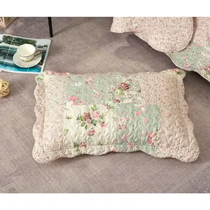Traditional Rose and Sage Patchwork Pillowshams Set, Quilted Standard Pillowcases 20x26 with 2" Flange, Scalloped Edge Pillow Covers, Pack of 2, Pink