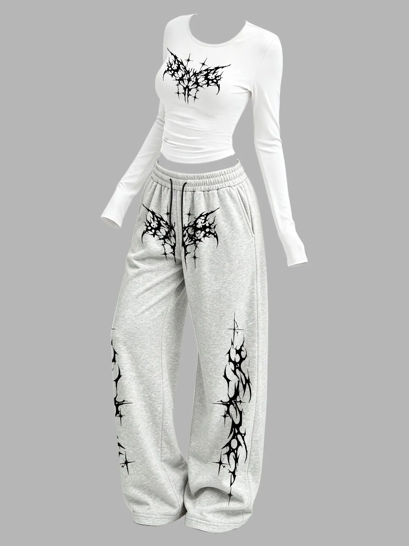 Women's Fitted Round Neck Long Sleeve Top + Casual Straight Leg Sport Pants Set, Gothic Print, Fall Winter, High Waist, Outdoor Home Wear