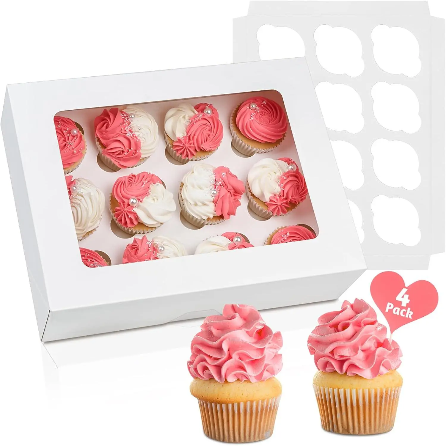 12 Count Cupcake Boxes, 4 Pack, White | Auto-Popup, With Window & Inserts, Cupcake Carrier Containers, Fits Dozen Cupcakes Muffins