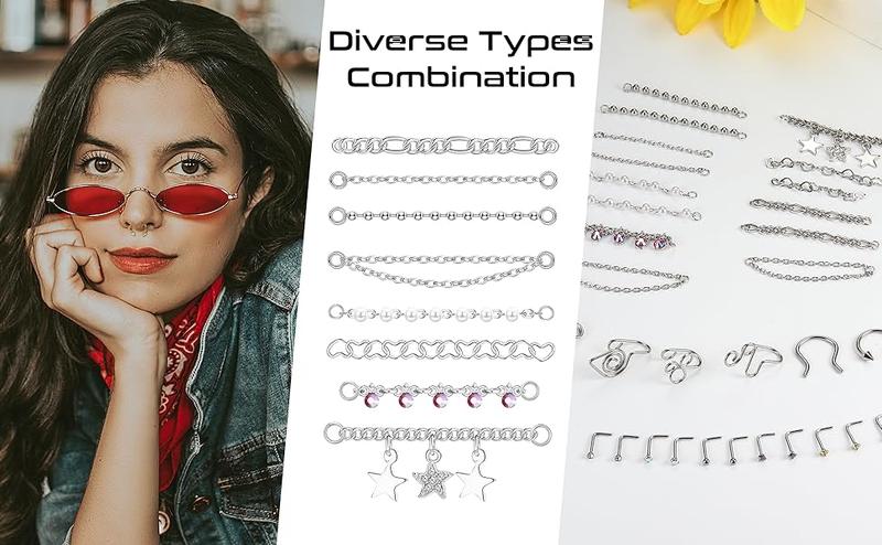 MILACOLATO 20G Nose Rings Studs with Chains African Nose Ring Cuff Horseshoe Septum Rings Stainless Steel Star Heart Nose Ring Chain Piercing Jewelry Set for Women Men